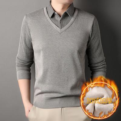 Hemdkragen Fake Zweiteiler Oberteile Herren Frühling und Herbst Neues Langarm-T-Shirt Plus Flausch Pullover Gestricktes Gestreiftes Hemd
