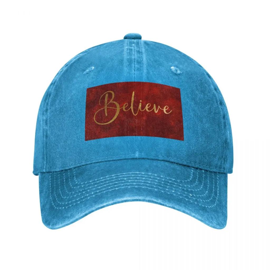Believe Word Art In Gold Color Script Typography On Red Burgundy Background Baseball Cap Beach Anime Girl Unisexs