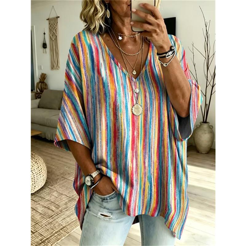 Printed Plus-Size Women's V-Neck Batwing Sleeve T-Shirt Bohemian Ethnic Print Loose Top Summer Comfortable Breathable Daily Commute Casual