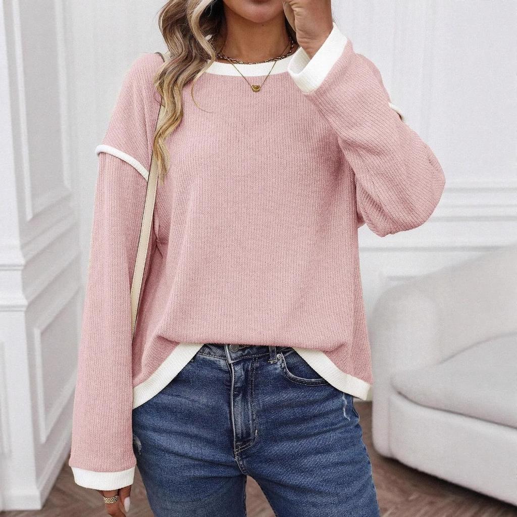 Women's Crew Neck Long Sleeve Top Loose Fit Streetwear Casual Sweater Color Block Patchwork Pullover Fall Knit Waffle Shirt