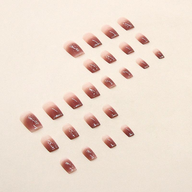 24 Pieces Gradual Change Fine Flash Succulent Grape Color European Square Fake Nails Simple Pure Reddish Brown Wearing Nail