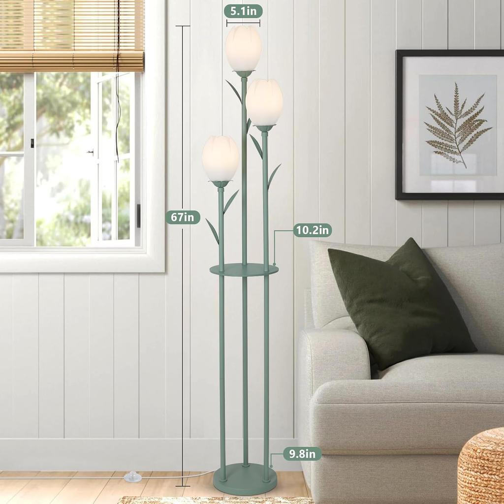 3-Light Flower Floor Lamp, Green Tulip Standing Lamp with Shelves, LED Living Room Decor
