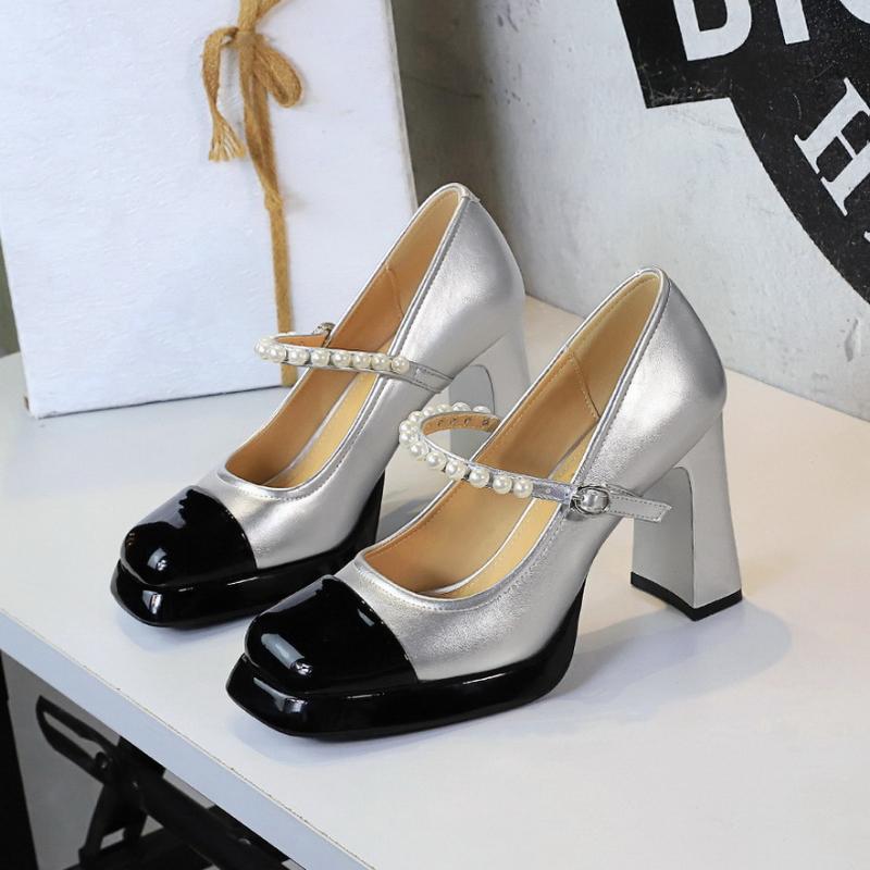 

Banquet Mary Shoes Thick Heel Square Toe Color-Blocking Light Mouth Waterproof Platform Pearl One-Strip High Heel Single Shoes 34
