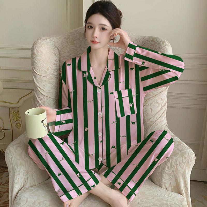 Fashion Ice Silk Thin Pajamas Women'S Spring High-End Silk Striped Cartoon Loungewear Long-Sleeved Two-Piece Set