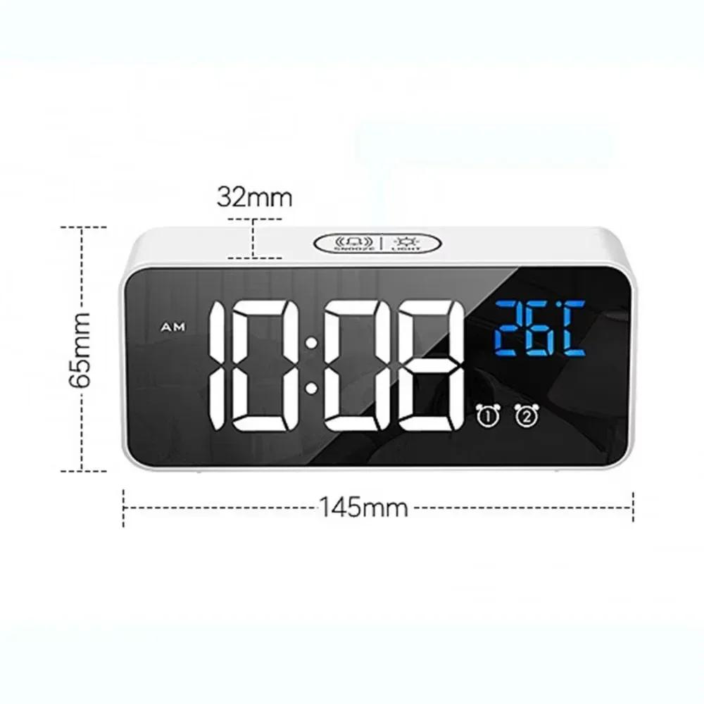 Ceas de alarmă digital multifuncțional de noptieră, cu încărcare USB, control vocal, oglindă, LED, cu alarme duale