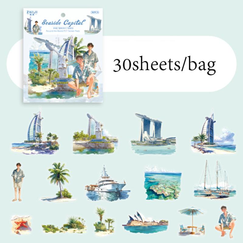 

30Sheets/bag Global Journey Series PET Sticker Pack Rich Content Retro Art Stickers DIY Hand Account Collage Daily Decoration