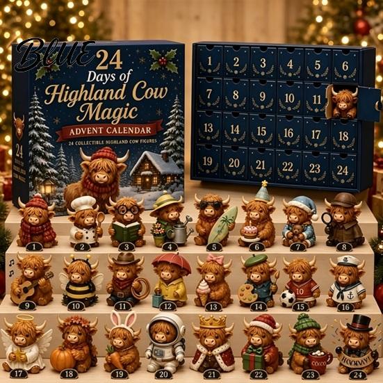 Desktop Holiday Ornaments 24 Days of 3D Highland Cow Christmas Advent Calendar, Cute Farm Party Favors Cattle Countdown Calendar with Mini Figurines