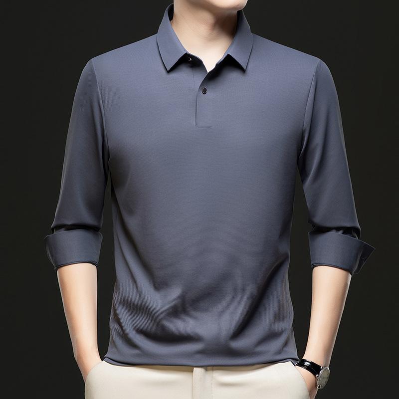 

Мужская рубашка поло с длинными рукавами, футболка с лацканами, высокая эластичность, не требует глажки, высококачественный однотонный повседневный бесшовный топ средней длины XL