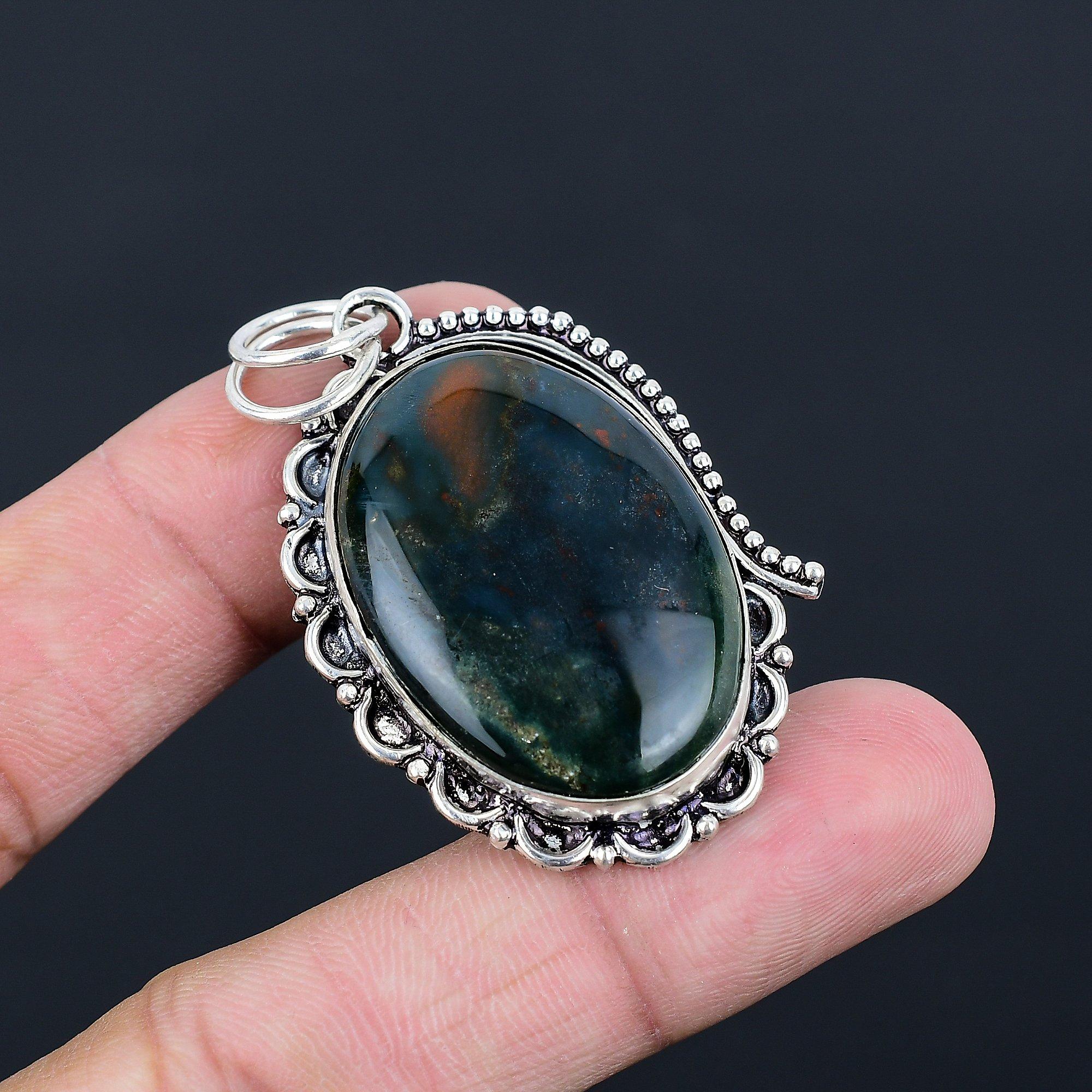 925 Sterling Silver Oval Natural Bloodstone Bezel Trendy Boho Pendant Jewelry
