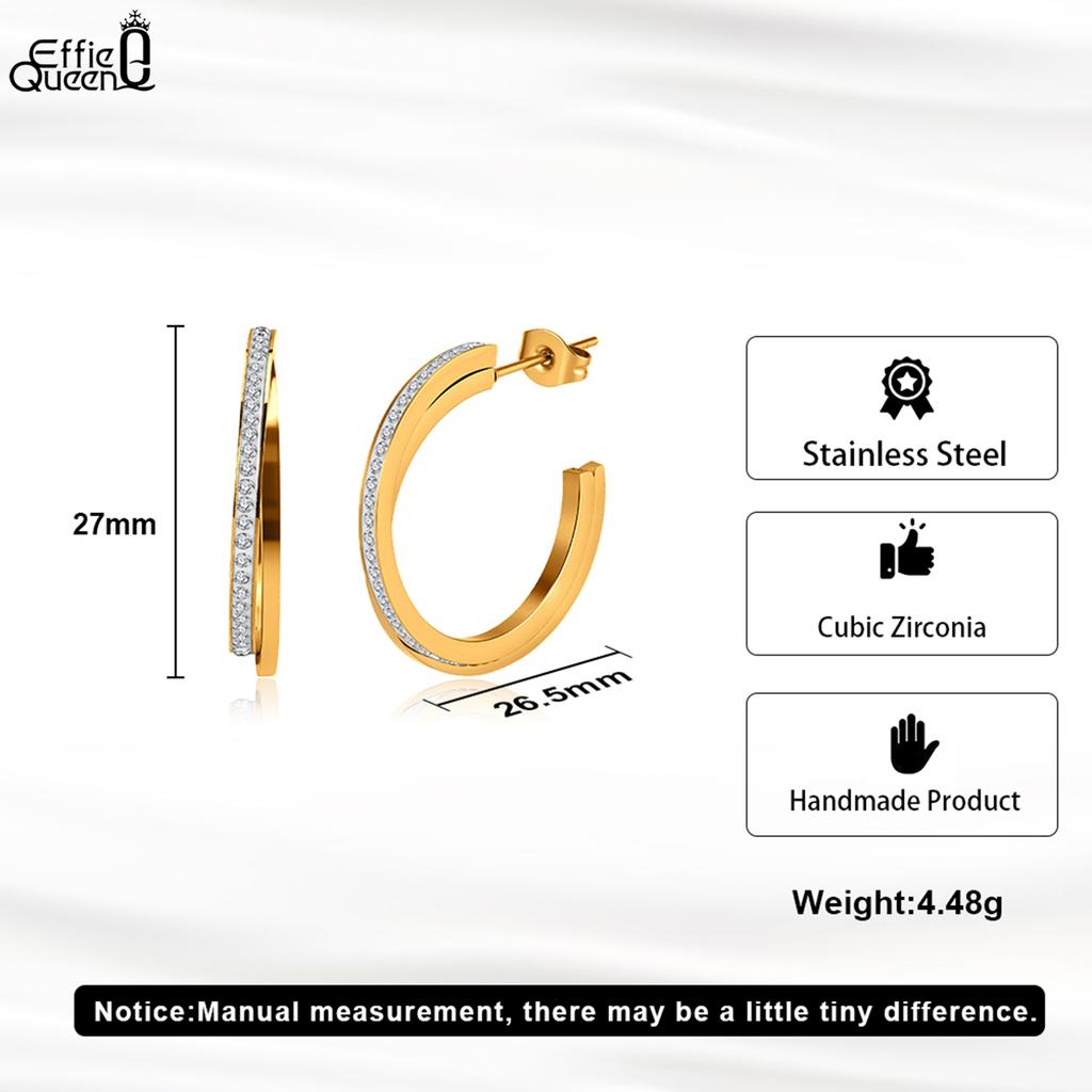 Effie Queen Edelstahl 18 Karat Gold Zirkonia Creolen Einfacher Ohrschmuck für Damen, Herren Hochzeitsfeier Bankett Geschenk STKE01