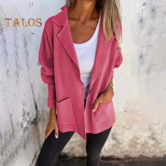 Damen Herbst Winterjacke Reverskragen Lockerer Freizeitmantel mit Tasche Einreihiges Einfarbiges Langarmoberteil