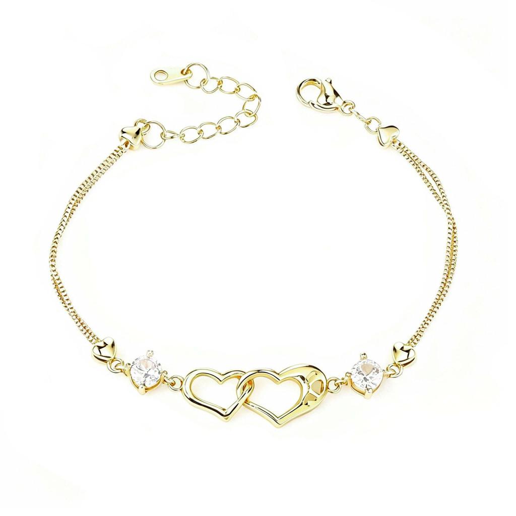Women Fashion Gold Plated Interlocking Double Heart Zircon Bracelet Thin Double Chain Love Friendship Bracelet Bulk