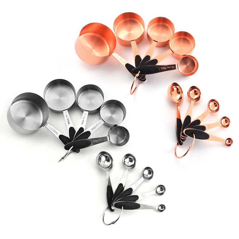Rose Gold Measuring Set: Stainless Steel 10-Piece Spoons, 16-Piece Spoons, Silicone 5-Piece Set, and Measuring Cups In Stock.