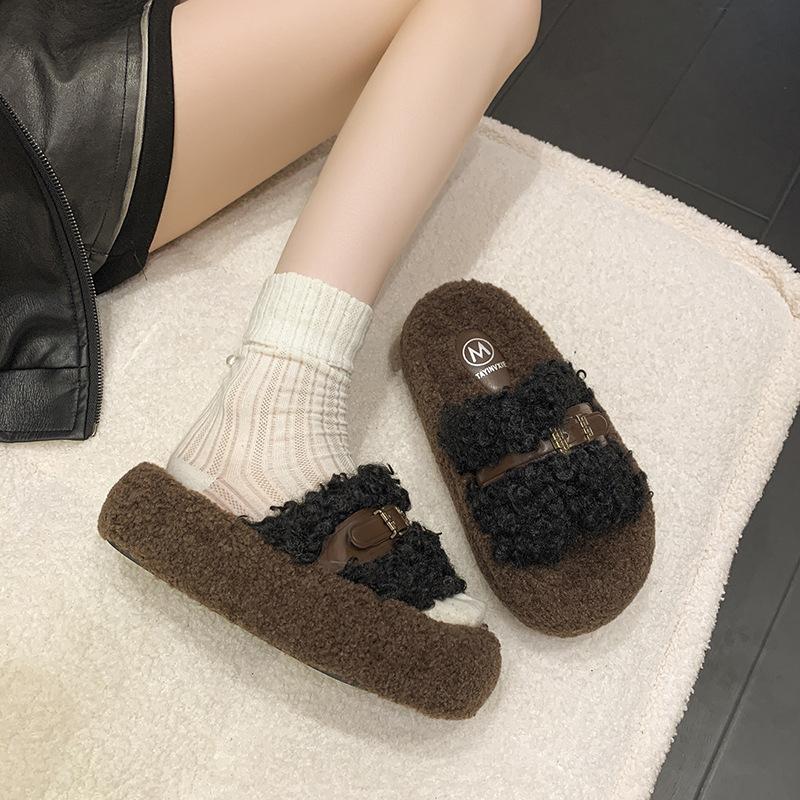 Thick-soled fluffy slippers women wear fleece non-slip Internet celebrities word autumn and winter 2025 new thermal cotton slippers