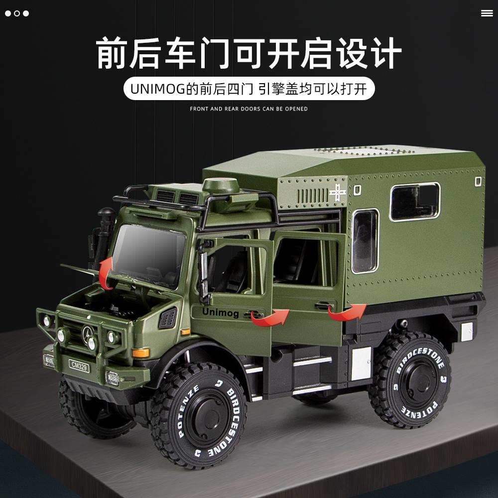 1:28 Mercedes Benz Unimog Off Road Wohnmobil Legierung Metall Druckguss Modellauto Ton & Licht Rückzieher Kinder Spielzeugautos Geburtstagsgeschenke Junge