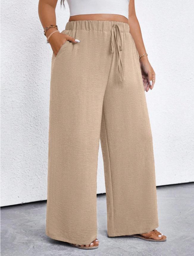 Women High Waisted Wide Leg Pants Casual Elastic Waist Drawstring Loose Fit Solid Color Trousers with Pockets