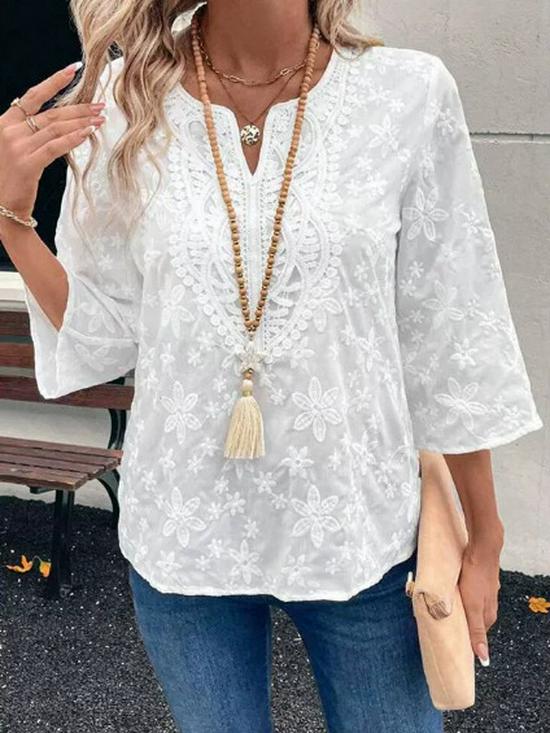 2025 Damskjorta med lös V-ringning och spetskant