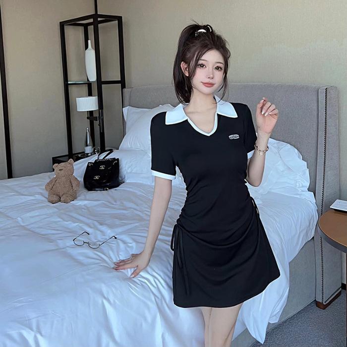 [Real Shot] French College Style Polo Collar Hip Dress Pleated Summer New Women's Clothing Versatile and Thin Short