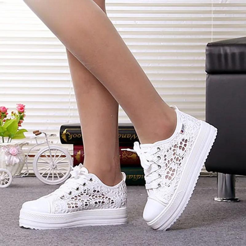 Women Shoes Fashion Summer Casual Shoes White Sneakers Cutouts Lace Canvas Hollow Breathable Platform Sneakers Tenis Feminino