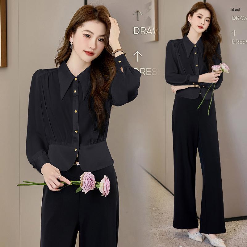 

2025 Весенний женский комплект из двух предметов: рубашка с длинным рукавом и брюки широкого кроя XXL (65-70 kg) чёрный