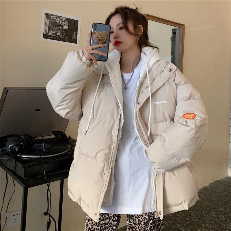 Fake two pieces of design down cotton jacket women's 2025 winter new loose thickened bread jacket hooded jacket