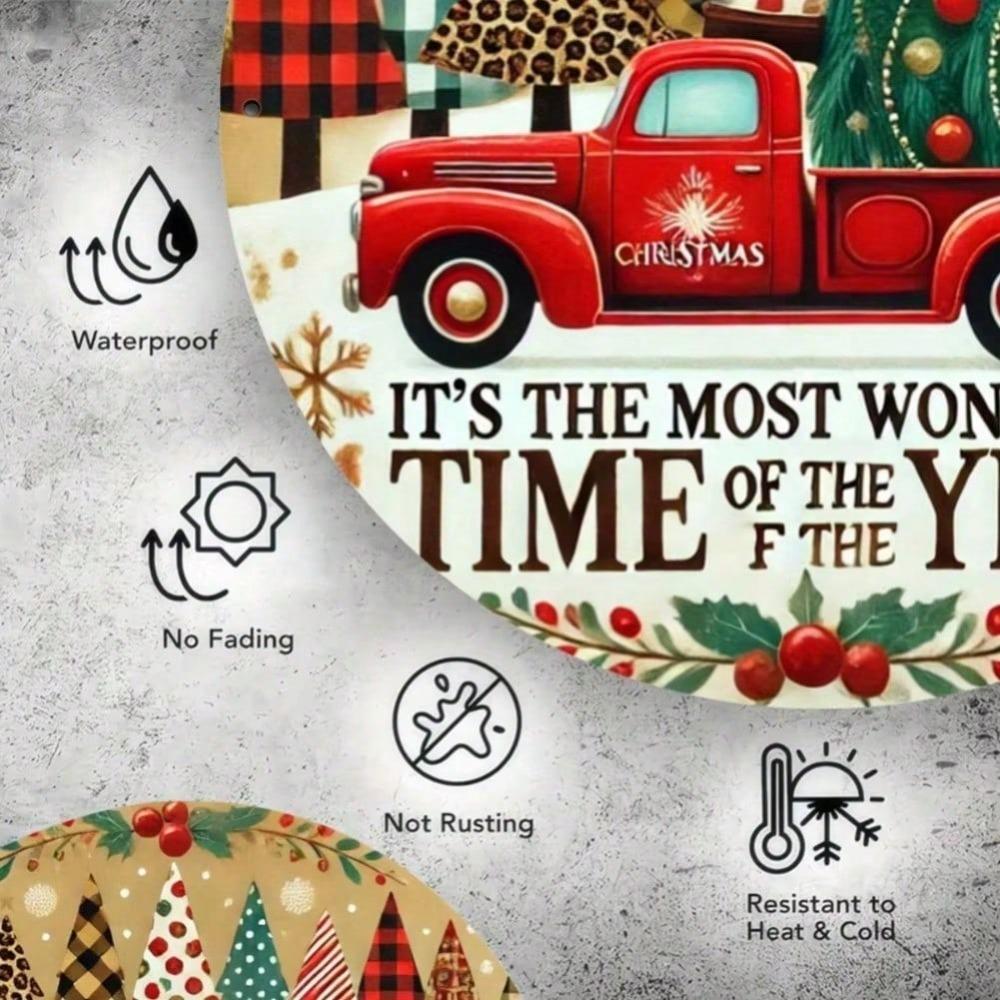 Vintage Red Truck Metal Sign, Christmas Tree Circular Iron Decor for Bar Cafe
