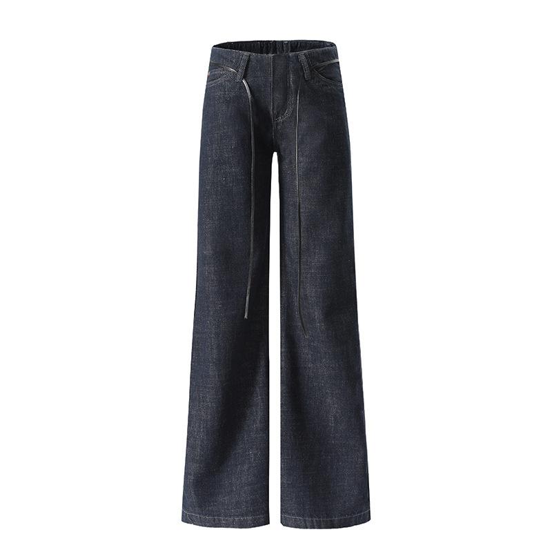 

New waistless dark blue low-rise original cow jeans autumn and winter retro washed casual wide-leg straight-leg pants L темно-синього кольору