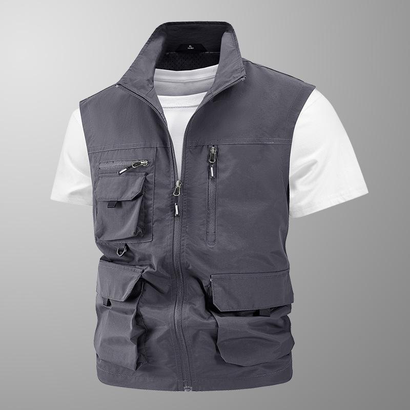 Men s Multi-pocket Outdoor Casual Vest - Spring/Autumn, Sleeveless, Stand Collar, Plus Size. M