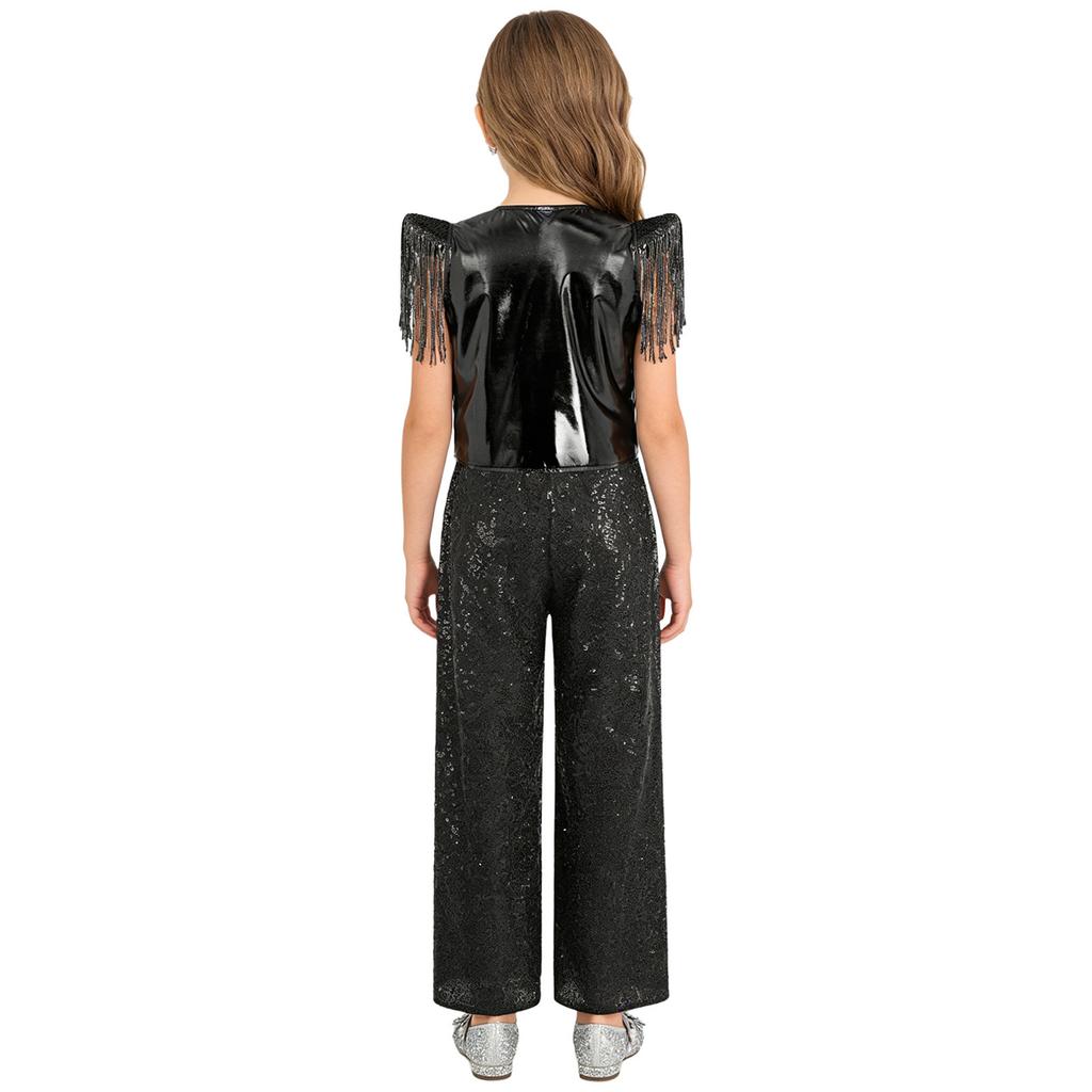 Kids Jazz Dance Costume Set Sequin Embellished Cap Sleeve V Neck Asymmetrical Hem Zip Vest with Elastic Waist Pants for Stage Competition