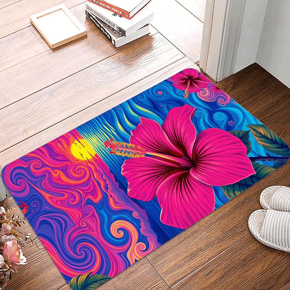 Hawaiian Hibiscus Print Welcome Rug Non-slip Indoor Doormat For Kitchen Bedroom Living Room Tropical Floral Entrance Floor Mat