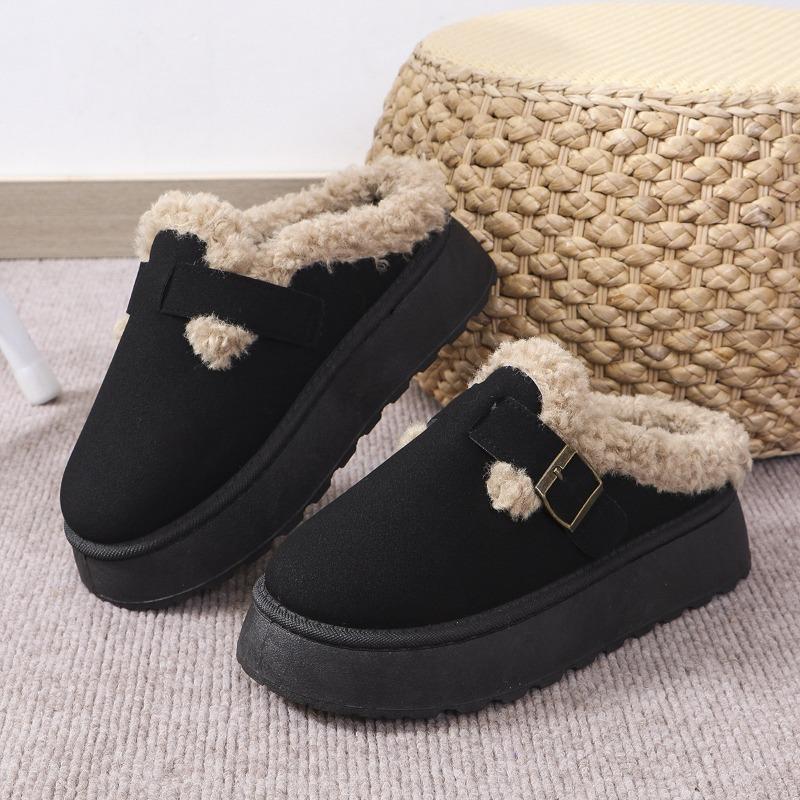 Fashionable Fall/Winter Thick-Soled Fuzzy Buckle Warm Cotton Slippers - Casual Oversized New Style Women's Shoes