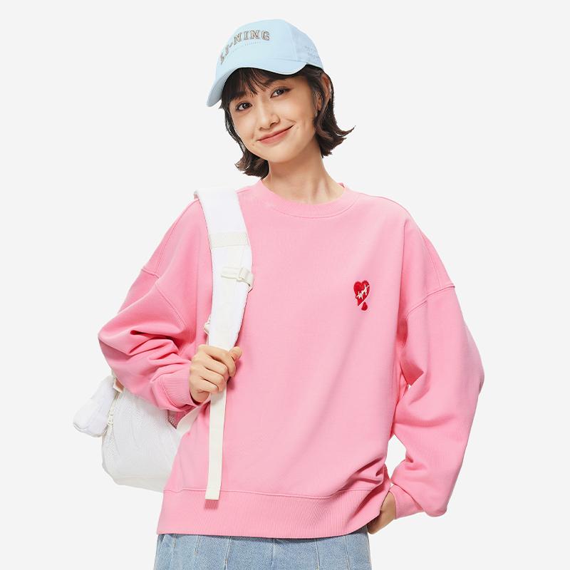 Li Ning Sports Fashion Series Heart Comfortable Casual Round Neck Loose Sweatshirt Women Sweatshirt Morning-Light-Pink AWDU790-8
