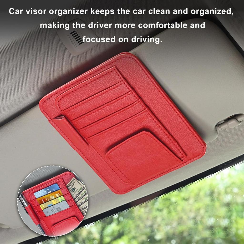 2PCS Small Leather Car Sun Visor Organizer, Multifunctional Auto Visor Document Holder With Sunglasses Clip, Universal Car Interior Organizer For