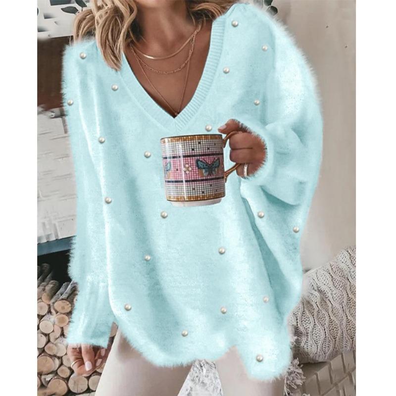 Autumn and winter new V-neck beaded solid color pullover sweater women's imitation mink knitted sweater