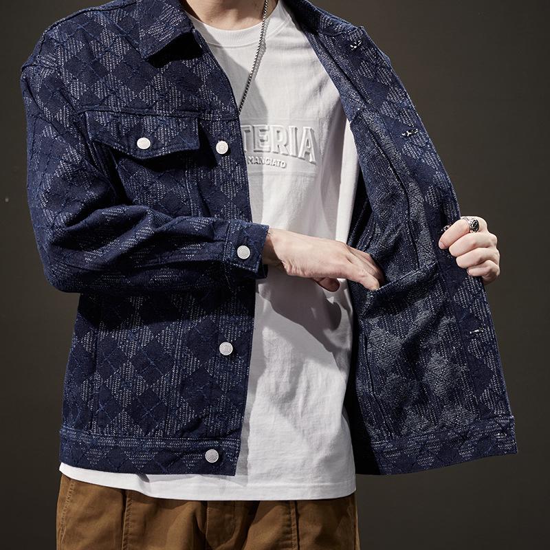 Men's Trendy Plaid Denim Workwear Jacket - Plus Size, Spring/Autumn 2023 Collection