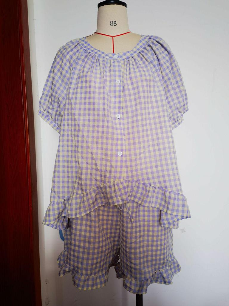 Cross-border European & American Ruffle Button Short Sleeve Top + Plaid Pants Pajama Set