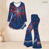 Women Plus Size Round Neck Three Quarter Sleeve Printed Red White Blue Flared Top And Flared Pants Set