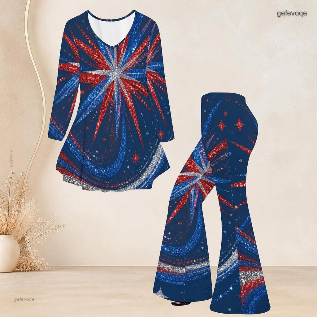 Women Plus Size Round Neck Three Quarter Sleeve Printed Red White Blue Flared Top And Flared Pants Set