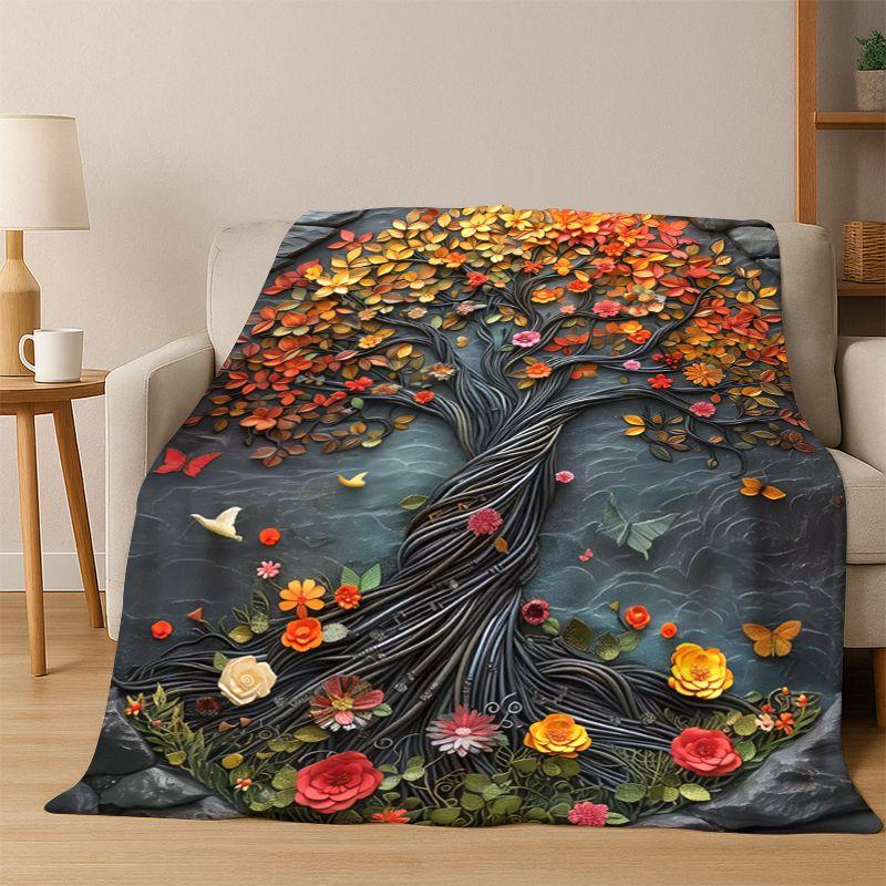Tree of Life Nordic Mythology Yggdrasil Nature Cartoon Flannel Blanket Soft Throw Blanket for Bedroom Living Room Bed Travel Kid