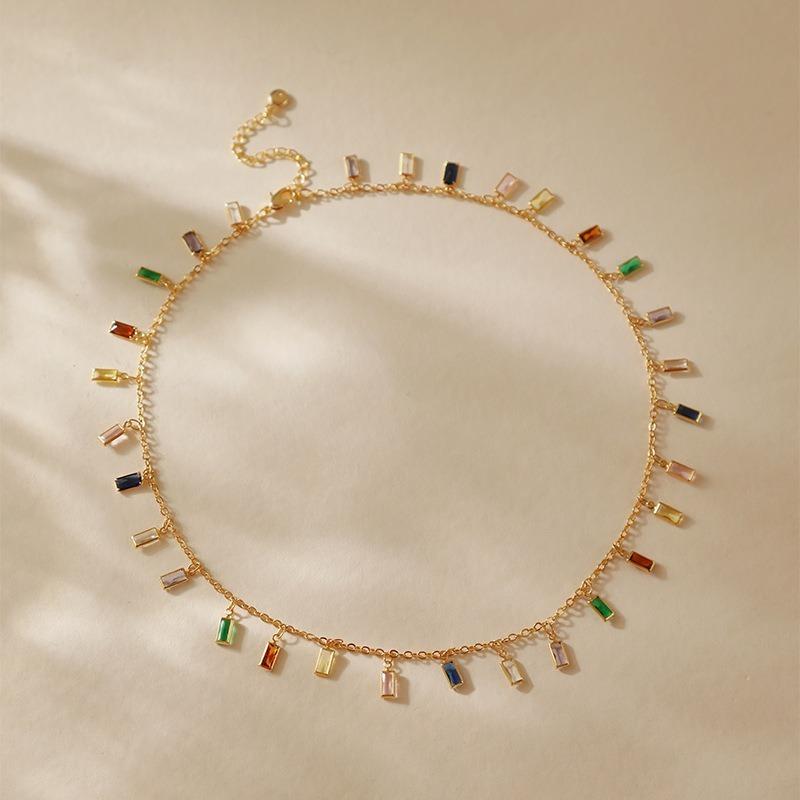 Vacation Style Long Strip Color Glass Gold Plated Clavicle Chain Necklace