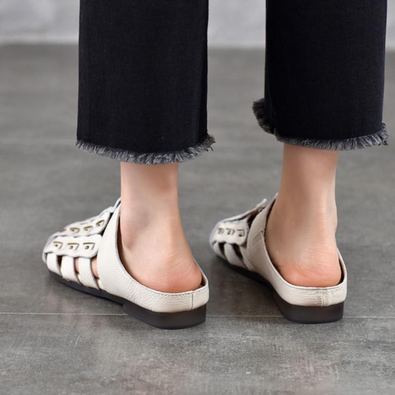 Johnature Genuine Leather Round Toe Flat Slippers Hollow Out Soft Soled Outdoor Slides Women's Slip-on Sheos