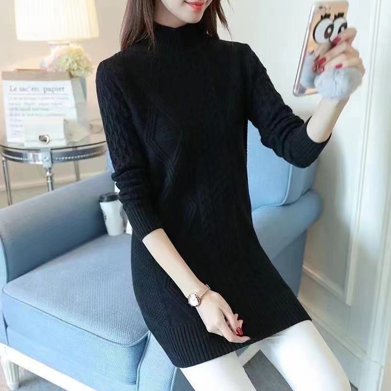 Autumn and Winter Medium and Long Pullover Knitted Bottoming Shirt Women's Fashion Temperament with Slim Fit Solid Color Turtleneck Sweater