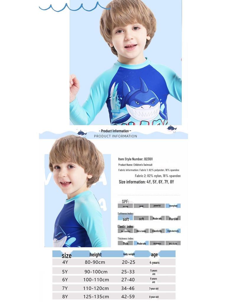 Traje de baño de dos piezas de manga larga con estampado de tiburones para niño - Estilo 2025