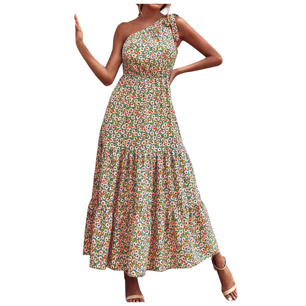 Women's Single Shoulder Bohemian Floral Dress Beach Vacation Hem Long Dress