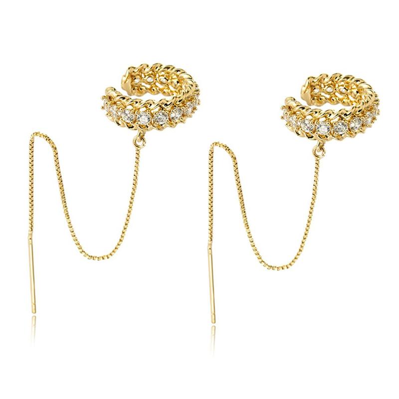Delicate Gold Color Long Chain Cartilage Clip Earrings for Women Exquisite Shiny Cubic Zirconia Earrings Party Jewelry