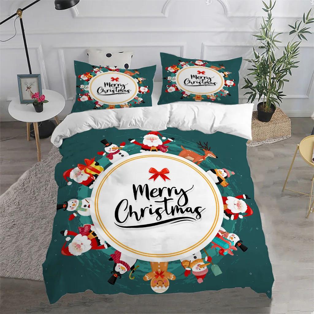 Merry Christmas King Queen Duvet Cover Red Cartoon Santa Bedding Set Kids Boys Girls Christmas Tree 2/3pcs Polyester Quilt Cover