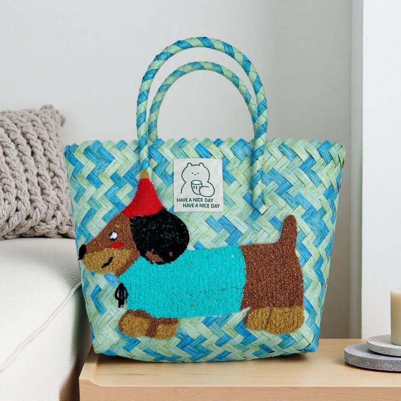 

Large-capacity Dachshund Hand-woven Bag Vegetable Basket Rattan Woven Handbag Work Sundries Small Carry Picnic Female 20x22x12cm