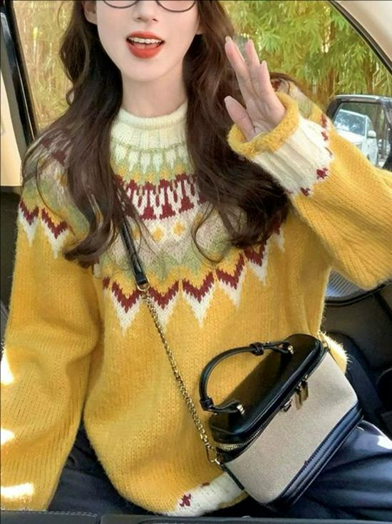 Women's Retro Fair Isle Sweater: Autumn/Winter 2025, Cozy Loose Knitwear, Lazy Style