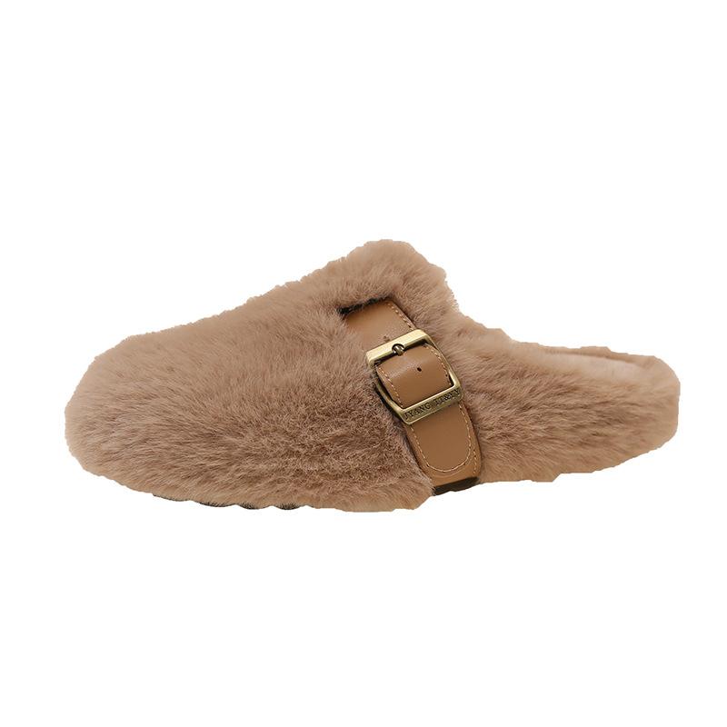 Thick bottom heightening fluffy slippers women's outer wear 2025 new autumn and winter high-end plush belt buckle cotton slippers
