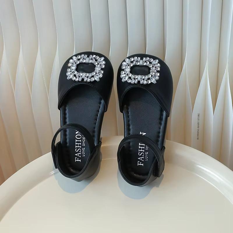 Rhinestone Square Buckle Princess Shoes Girl Summer Girls Sandals Toe-covered Anti-kick School Wedding Party Shoes Child I04163